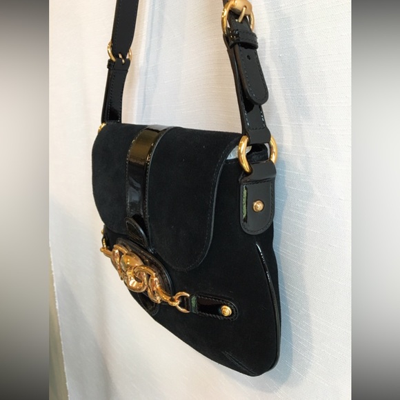 GUCCI Suede Black Handbag with Black Patent Leather Shoulder Strap - Picture 14 of 16